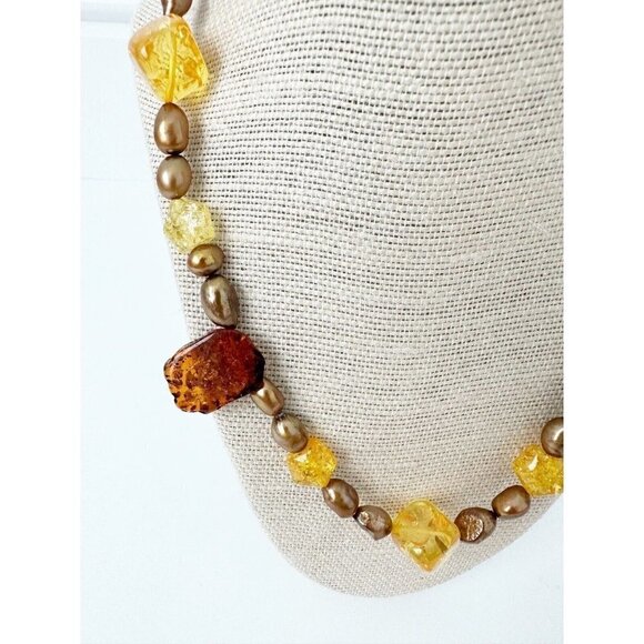 NWT Genuine Amber & Pearls Beaded Necklace Orange Gold Yellow - Picture 2 of 6